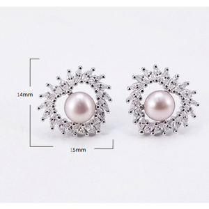 Korean fashion 925 silver cubic zirconia cz beads fine natural fresh water pearl beads earings stud heart shape jewelry