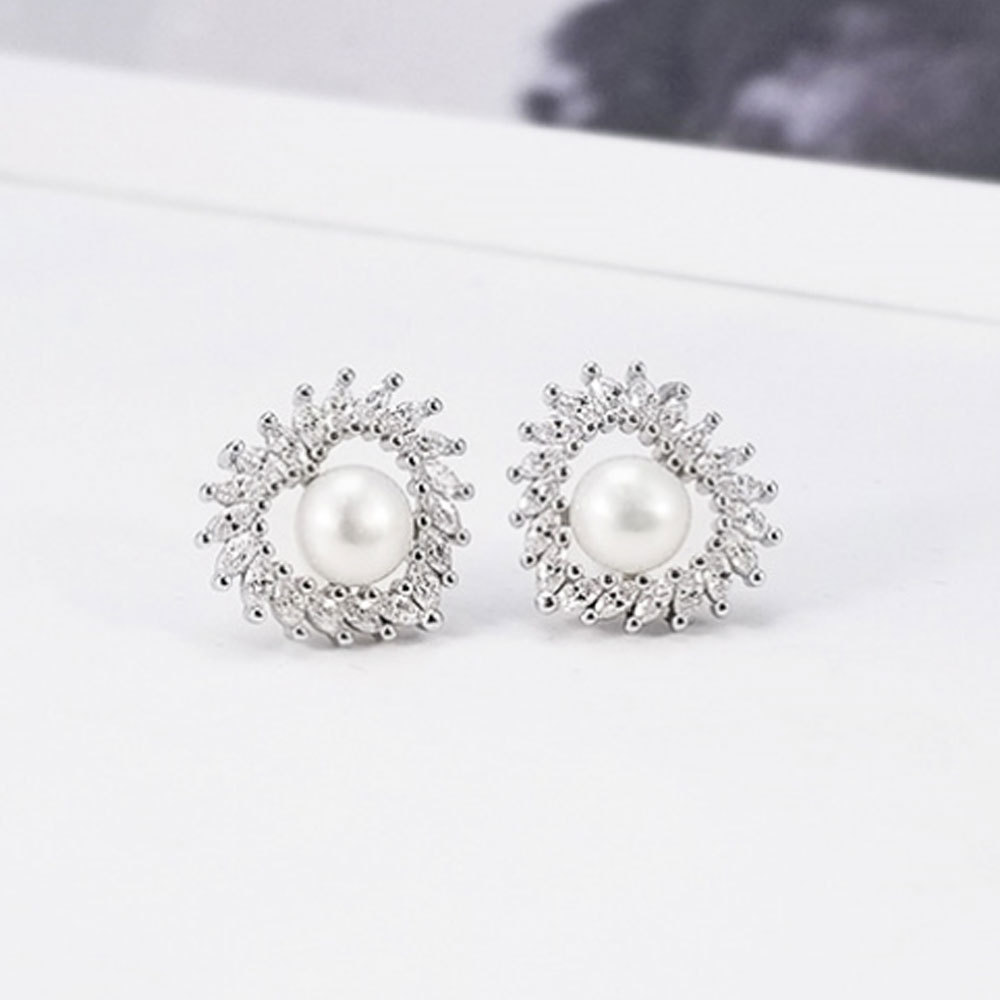 Korean fashion 925 silver cubic zirconia cz beads fine natural fresh water pearl beads earings stud heart shape jewelry