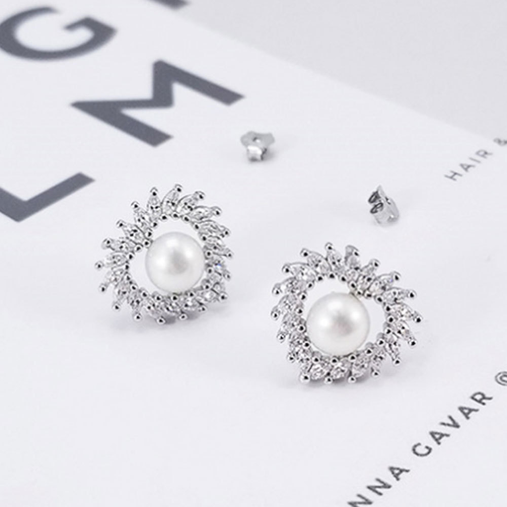 Korean fashion 925 silver cubic zirconia cz beads fine natural fresh water pearl beads earings stud heart shape jewelry