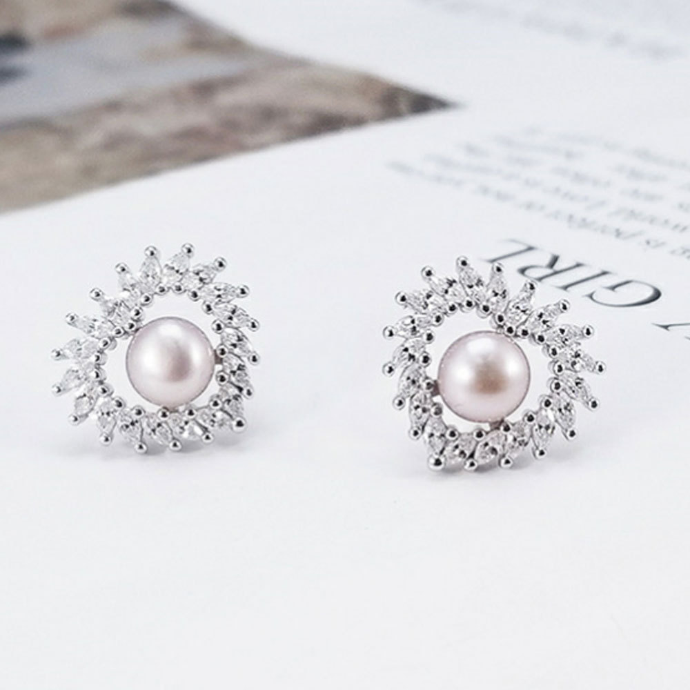 Korean fashion 925 silver cubic zirconia cz beads fine natural fresh water pearl beads earings stud heart shape jewelry