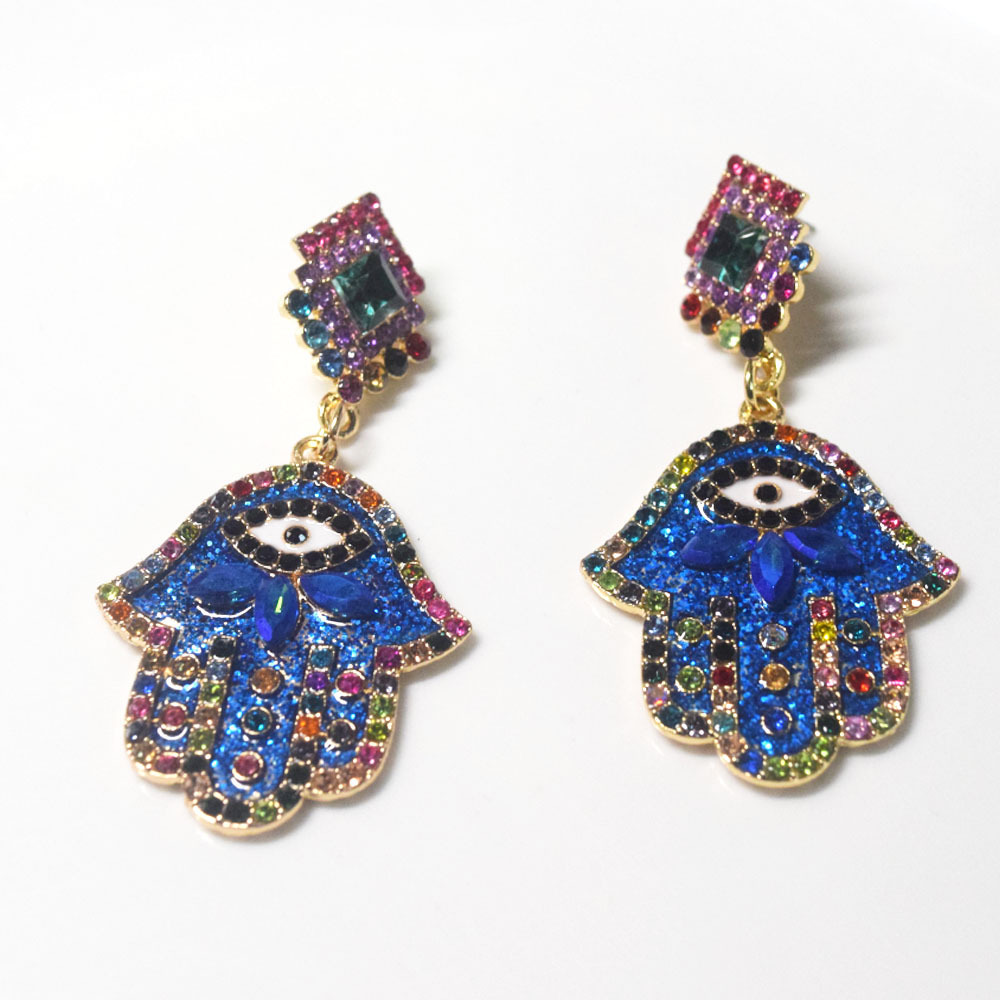 fashion fancy dazzling women shinning rhinestone beads hand made earrings jewelry women fatima hand d-evil eye earring