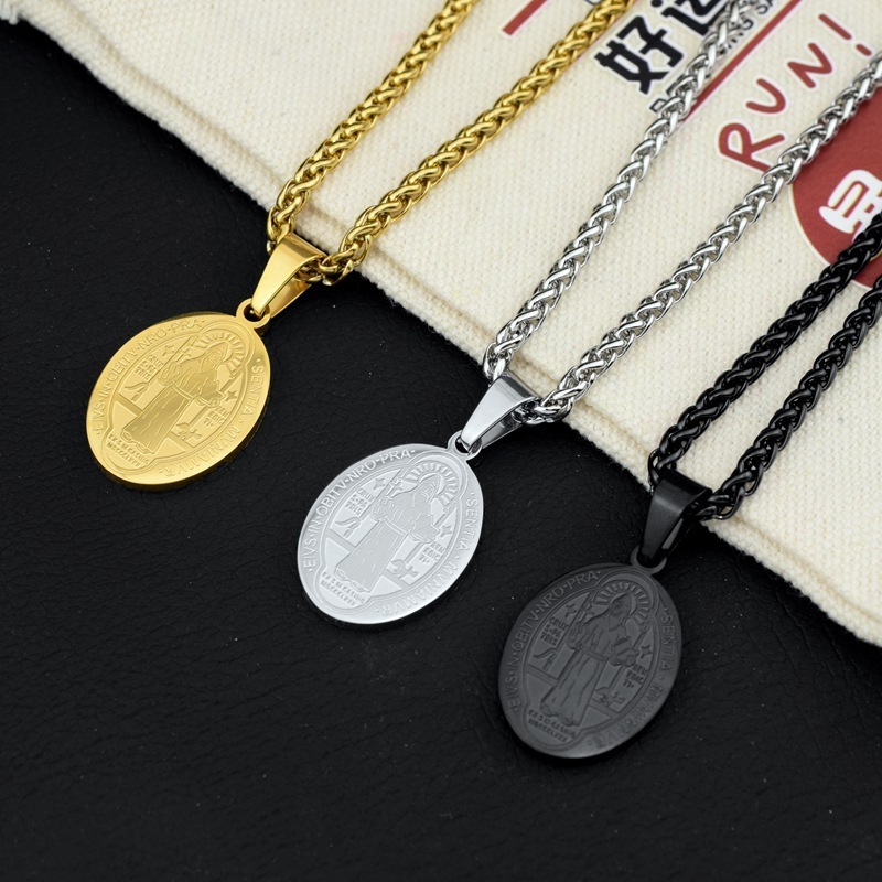 rosaries religious vintage stainless steel culture father Saint Benedict medal coin charm catholic faith pendant necklace men