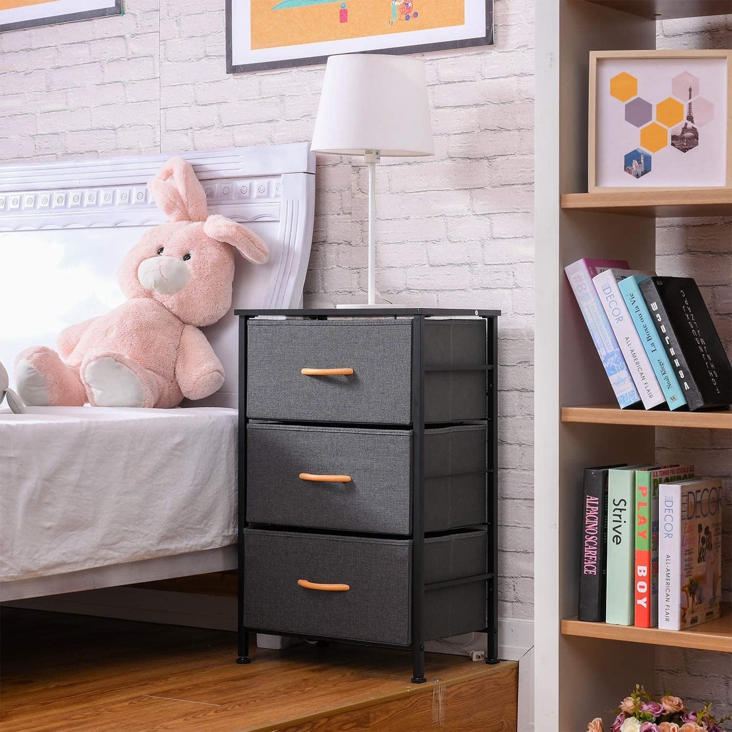 Nightstand Chest with 3 Fabric Drawers