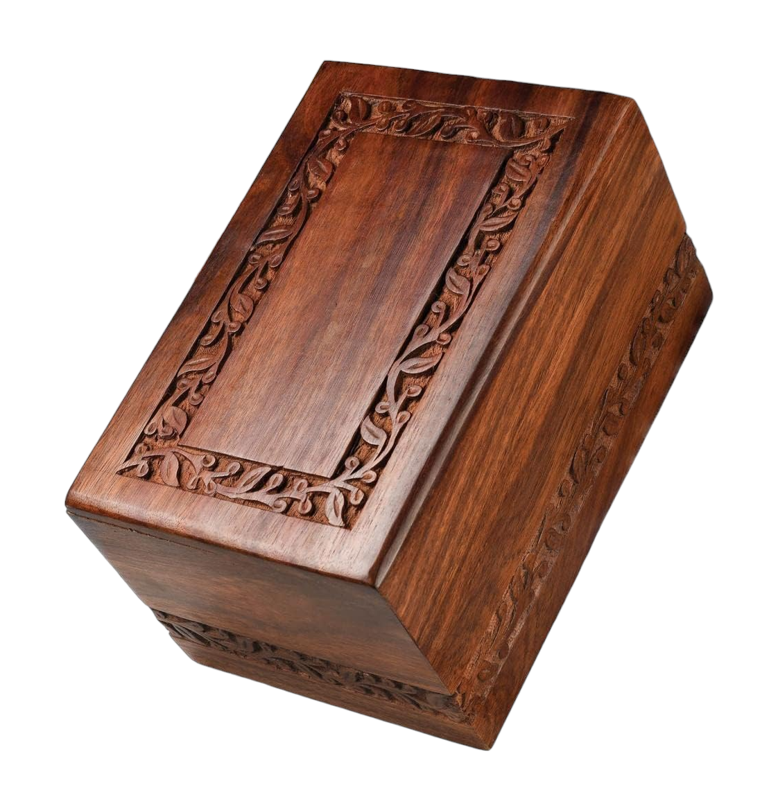 BORDER ENGRAVED INDIAN SHEESHAM ROSEWOOD URN FOR HUMAN ASHES DIRECT MANUFACTURER ADULT URN LARGE URN CAN HOLD 180 CUBIC INCHES