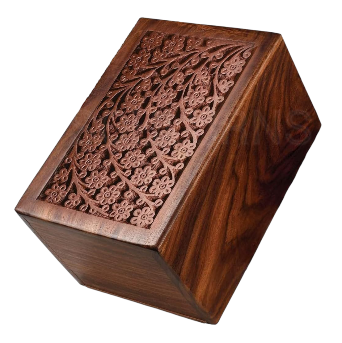 BORDER ENGRAVED INDIAN SHEESHAM ROSEWOOD URN FOR HUMAN ASHES DIRECT MANUFACTURER ADULT URN LARGE URN CAN HOLD 180 CUBIC INCHES