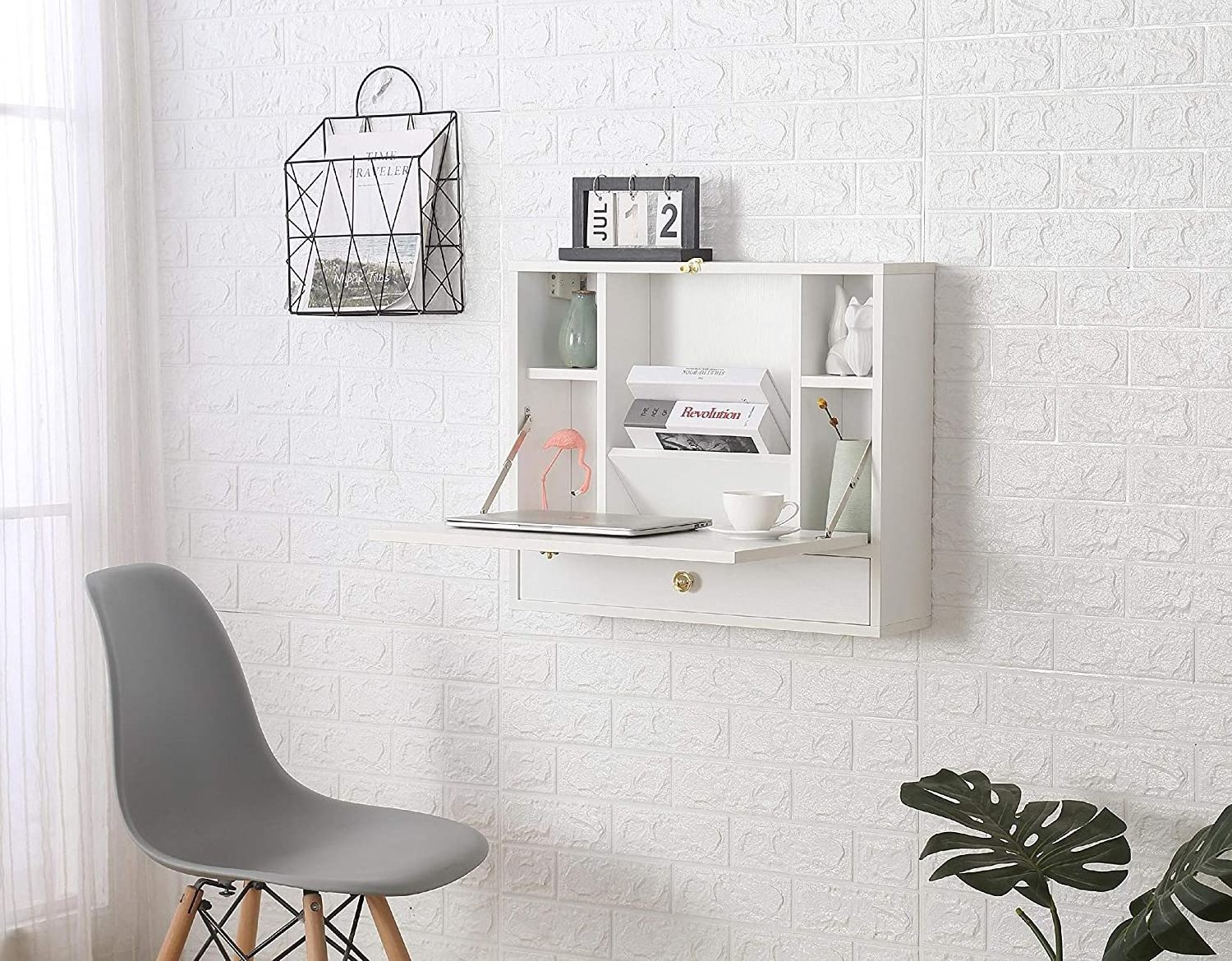 Wall Mounted Table Folding Laptop Desk Wall Mount Writing Desk with Storage Shelves & Drawer