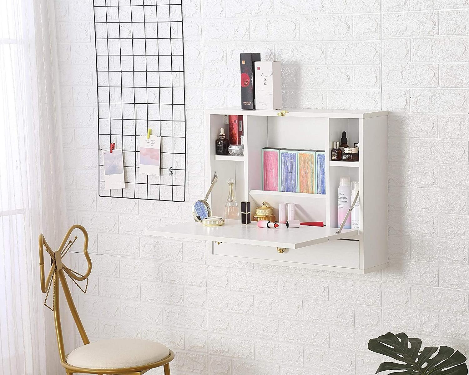 Wall Mounted Table Folding Laptop Desk Wall Mount Writing Desk with Storage Shelves & Drawer