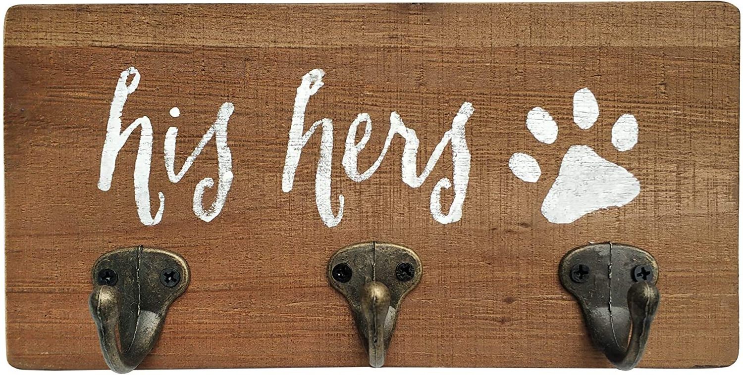 His Her Pup Wall Mounted Key Hanger Rustic Dog Leash Holder with 3 Hooks for Entryway