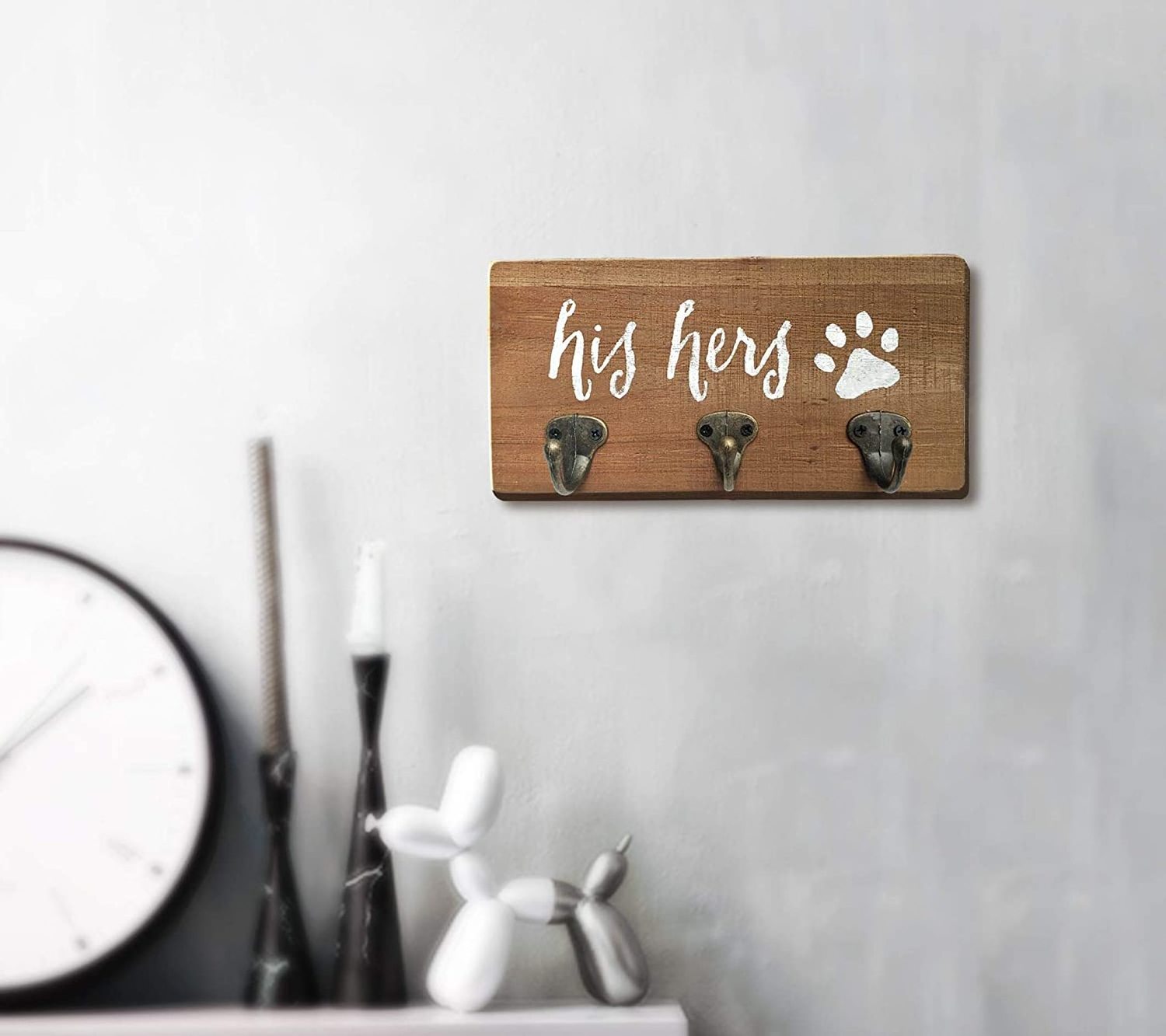 His Her Pup Wall Mounted Key Hanger Rustic Dog Leash Holder with 3 Hooks for Entryway