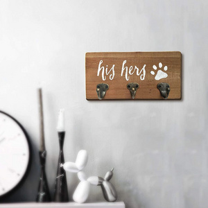 His Her Pup Wall Mounted Key Hanger Rustic Dog Leash Holder with 3 Hooks for Entryway