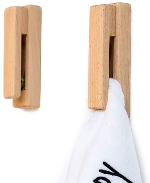 Wood Towel Hooks- Set of 2 Self Adhesive Vintage Towel Holder Wooden Wall Mounted Towel Racks for Bathroom and Kitchen