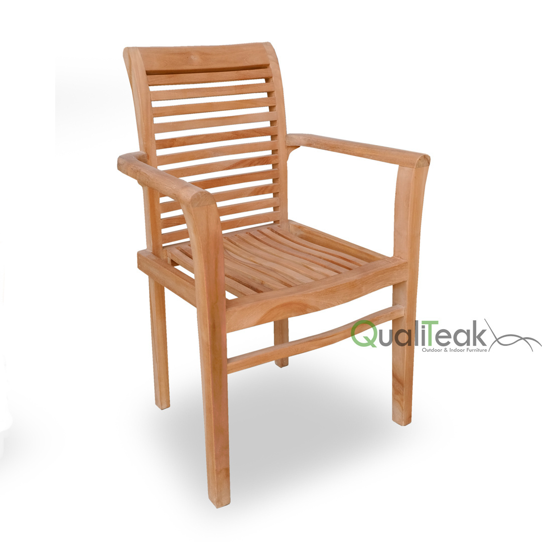 High Quality Teak Wood Stacking Chair with Backrest and Armrest for Outdoor, Restaurant, and Coffee Shop