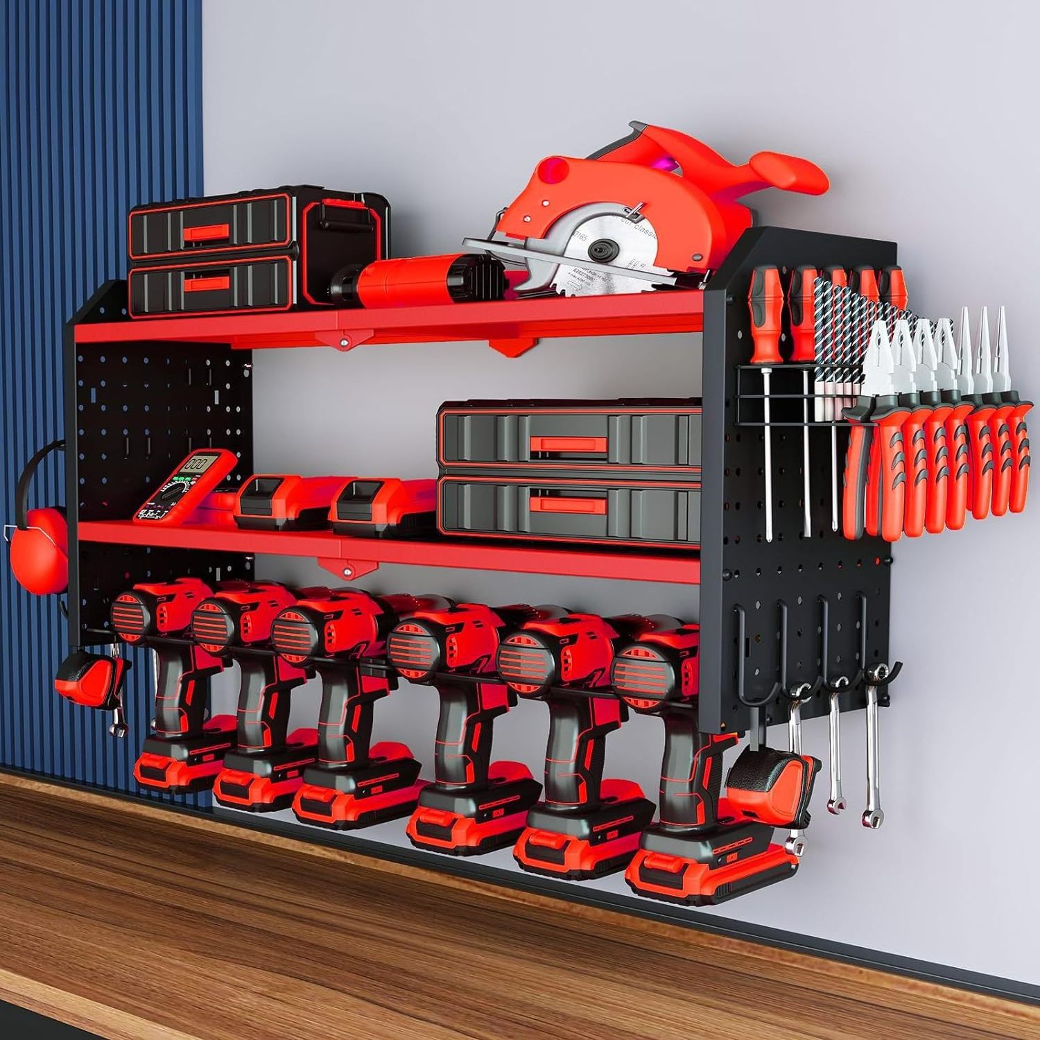 Power Tool Organizer 8 Drill Wall Mounted Metal Tool Rack, Garage Organizer Storage Rack