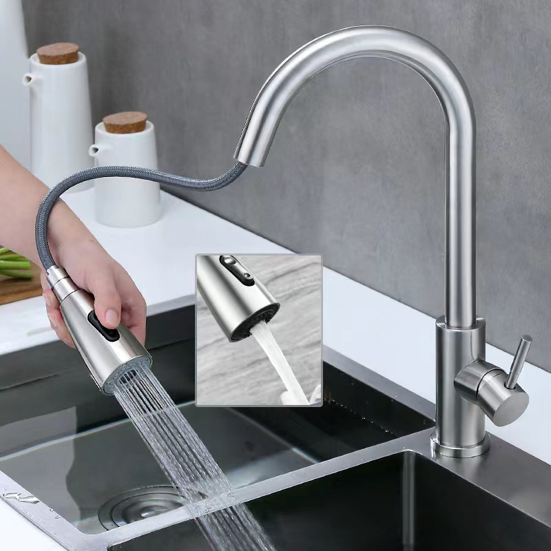 Factory wholesale customized kitchen faucet hot and cold rotatable 304 stainless steel pull-out retractable sink faucet