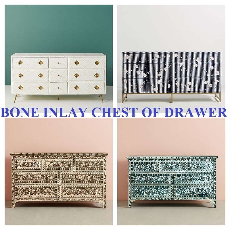 Bone Inlay Chest 9 Drawer Living Room Cabinet Bone Inlay Dresser Bone Inlay Furniture home furniture by Quality Handicrafts