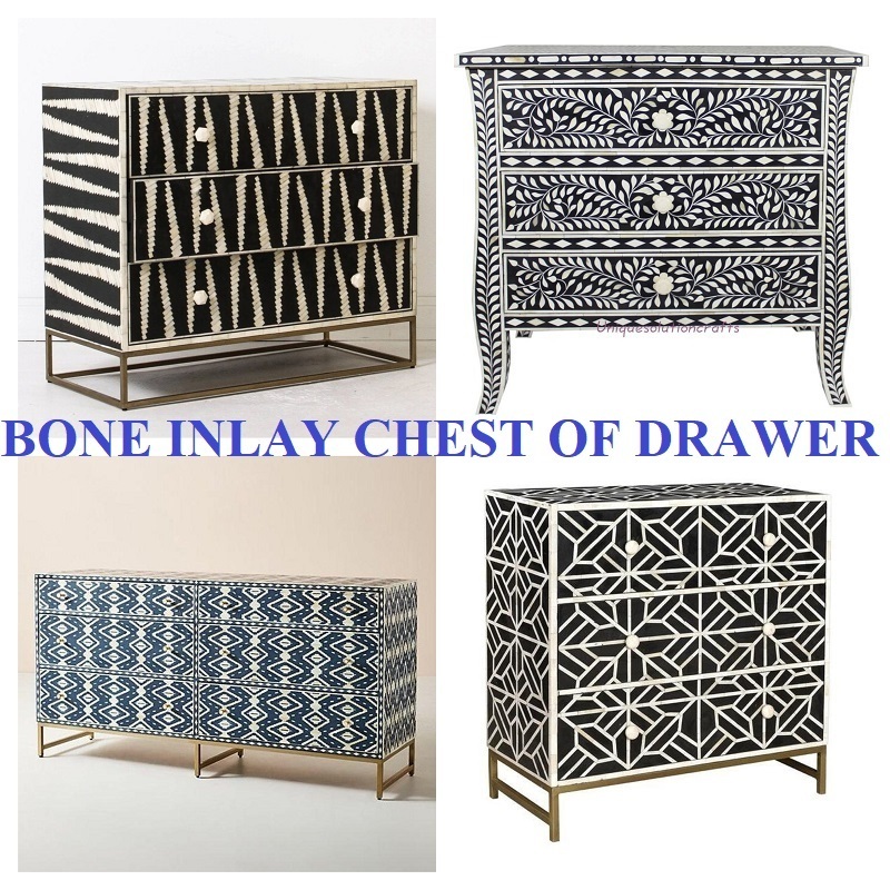 Wholesale Bone Inlay Chest 4 Drawer Chevron Pattern Orange Color Living Room Cabinet Bone Inlay Dresser by Quality Handicrafts