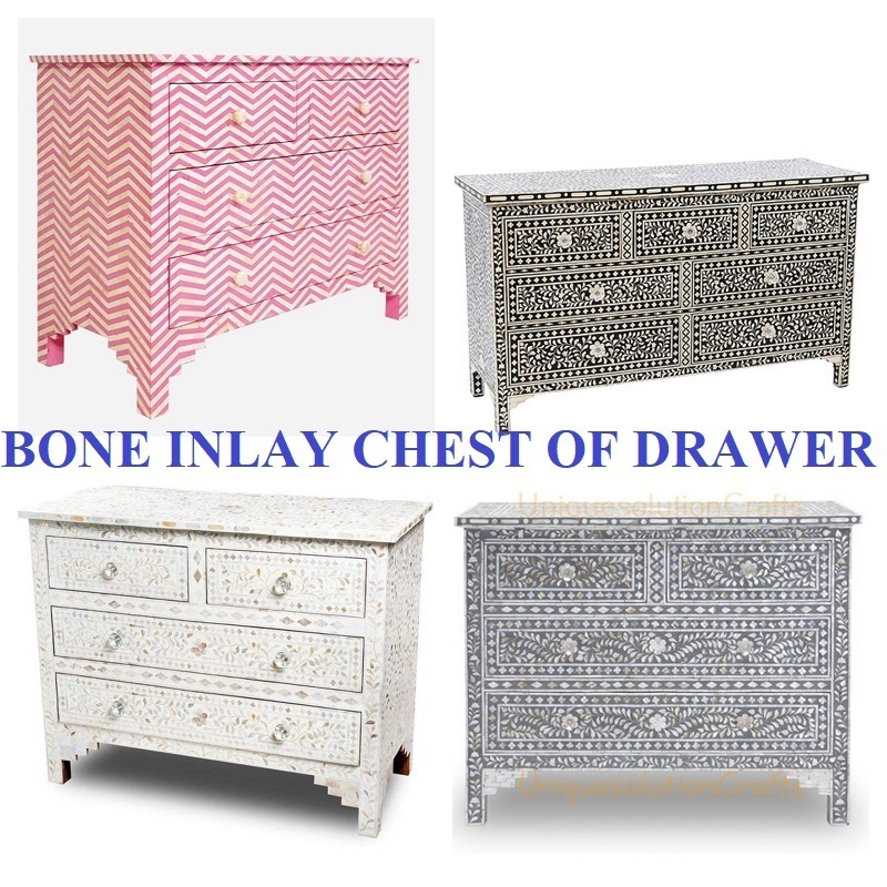 Wholesale Bone Inlay Chest 4 Drawer Chevron Pattern Orange Color Living Room Cabinet Bone Inlay Dresser by Quality Handicrafts