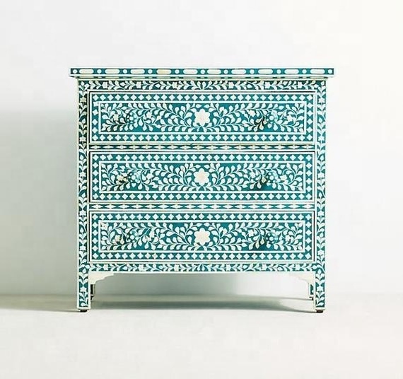 Bone Inlay chest of 3 Drawer Bone Inlay Light Sea Green Floral Living Room Dresser Bone Inlay Furniture by Quality Handicrafts