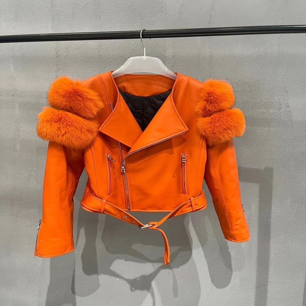 Sheepskin Genuine Leather Jacket With Fox Fur Women Outdoor Soft Shell Overcoat Clothing Crop Top Ladies Zipper Jacket