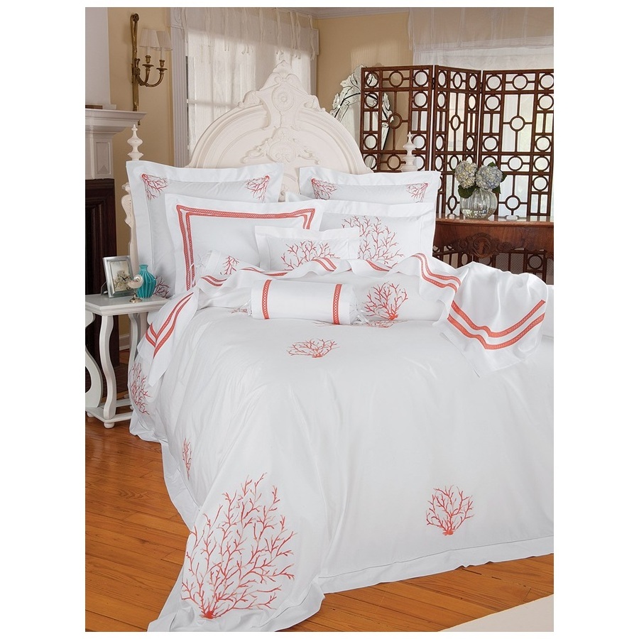 Custom Wholesale Embroidery Duvet Cover Sets  Embroidered Red Coral Bedding Sets High Quality Cotton Bed Sheets for Home Hotel