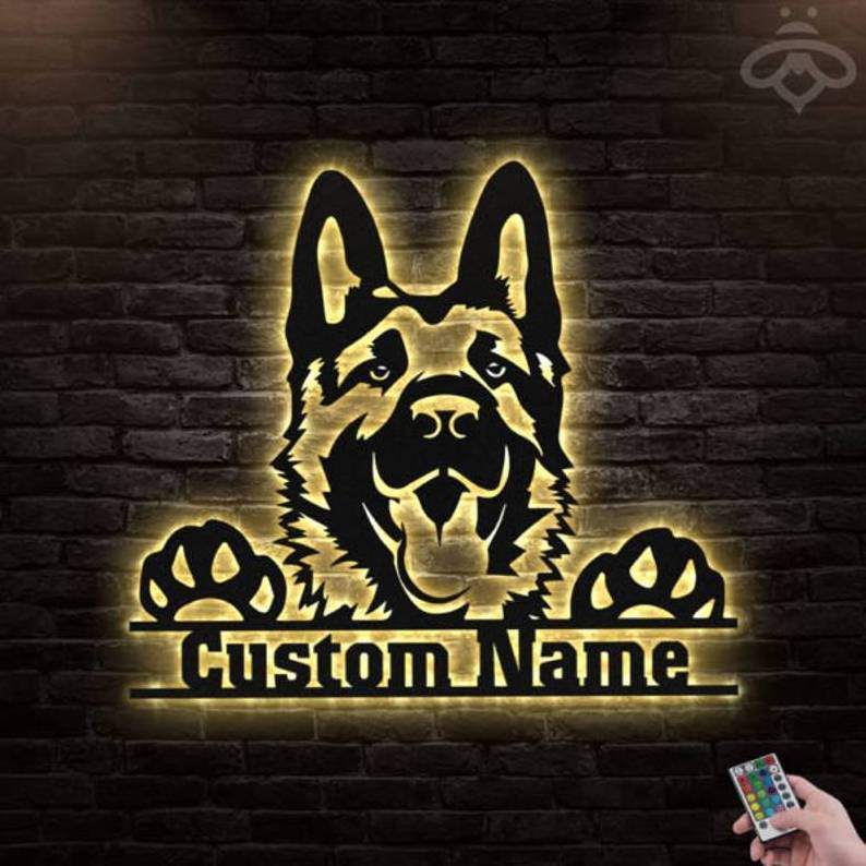 Custom German Shepherd Metal Wall Art With Led Lights, Personalized Pets Name Sign Decoration For Living Room Dog Lovers