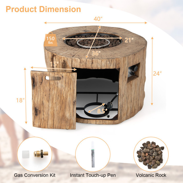 40 Inch 50,000 BTU Round Propane Gas Fire Pit Table Wood-Like Surface with Laval Rock PVC Cover for Outdoor Heating