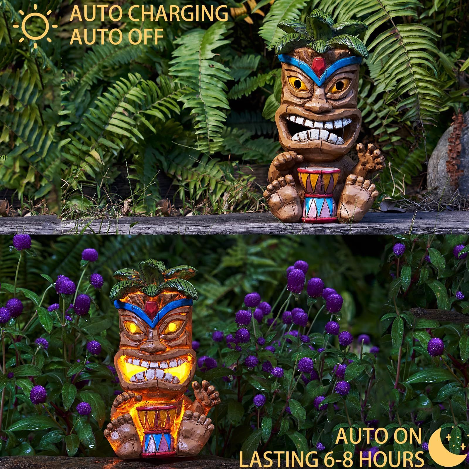 Outdoor Tiki Statue Decoration-Solar Power Light Tiki Garden Statues-Tiki Bar Decor Totem Pole Waterproof Figurines for Garden