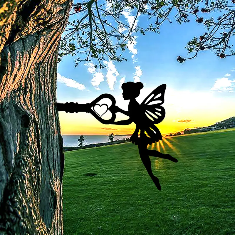 Cute Butterfly Fairy On Branch Steel Silhouette Metal Wall Art Home Garden Yard Patio Outdoor Statue Stake Decoration