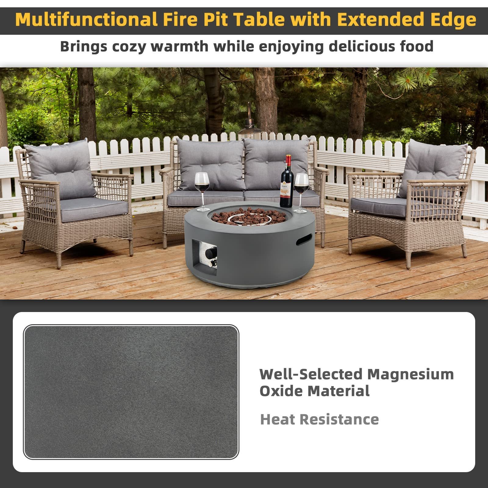 Round Gas Fire Pit Adjustable Flame, Lava Rocks, Outdoor Propane Fire Pit Table for Patio Garden Backyard