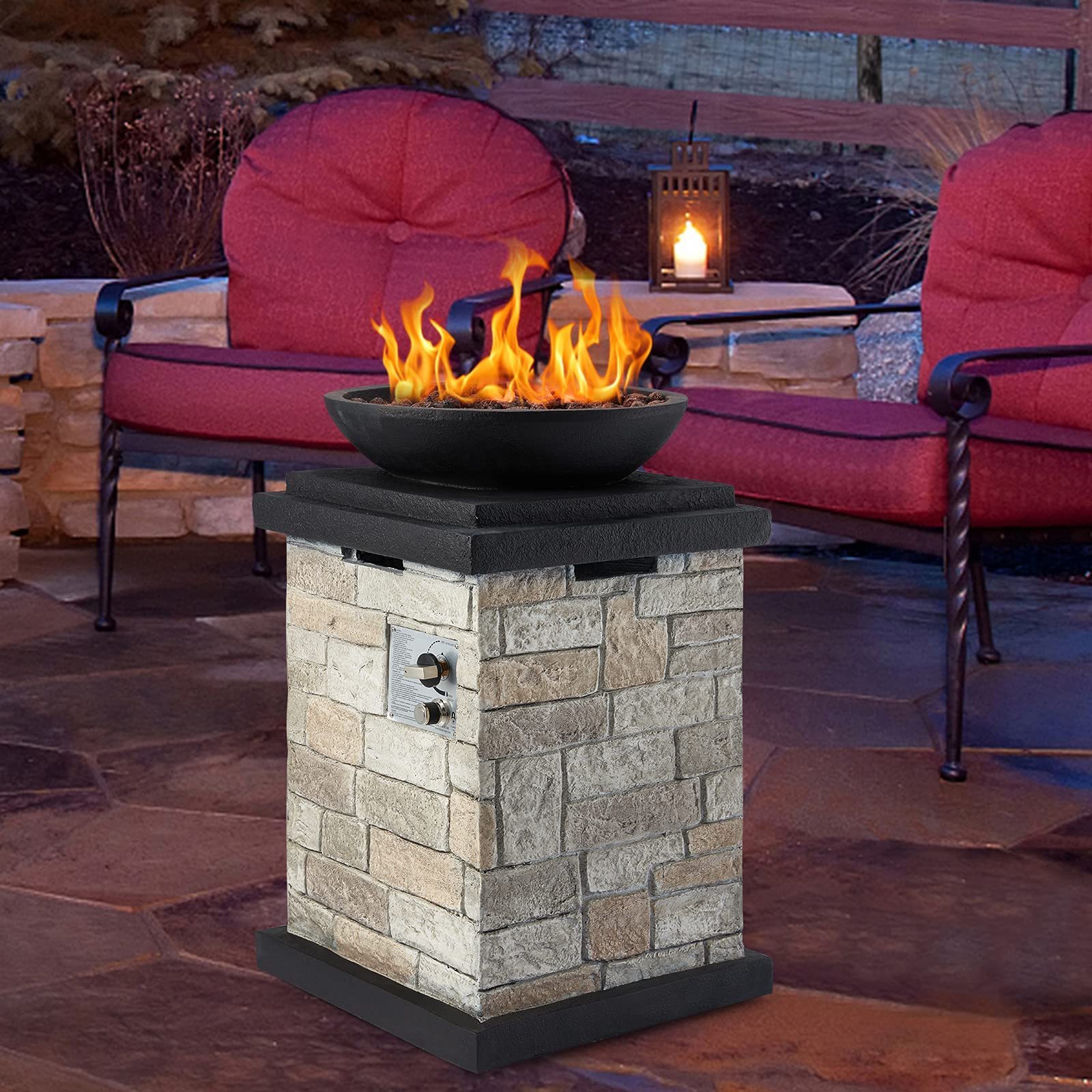 Propane Firebowl Column, 40000 BTU Outdoor Gas Fire Pit, Compact Ledgestone Firepit Table with Lava Rocks and Rain Cover