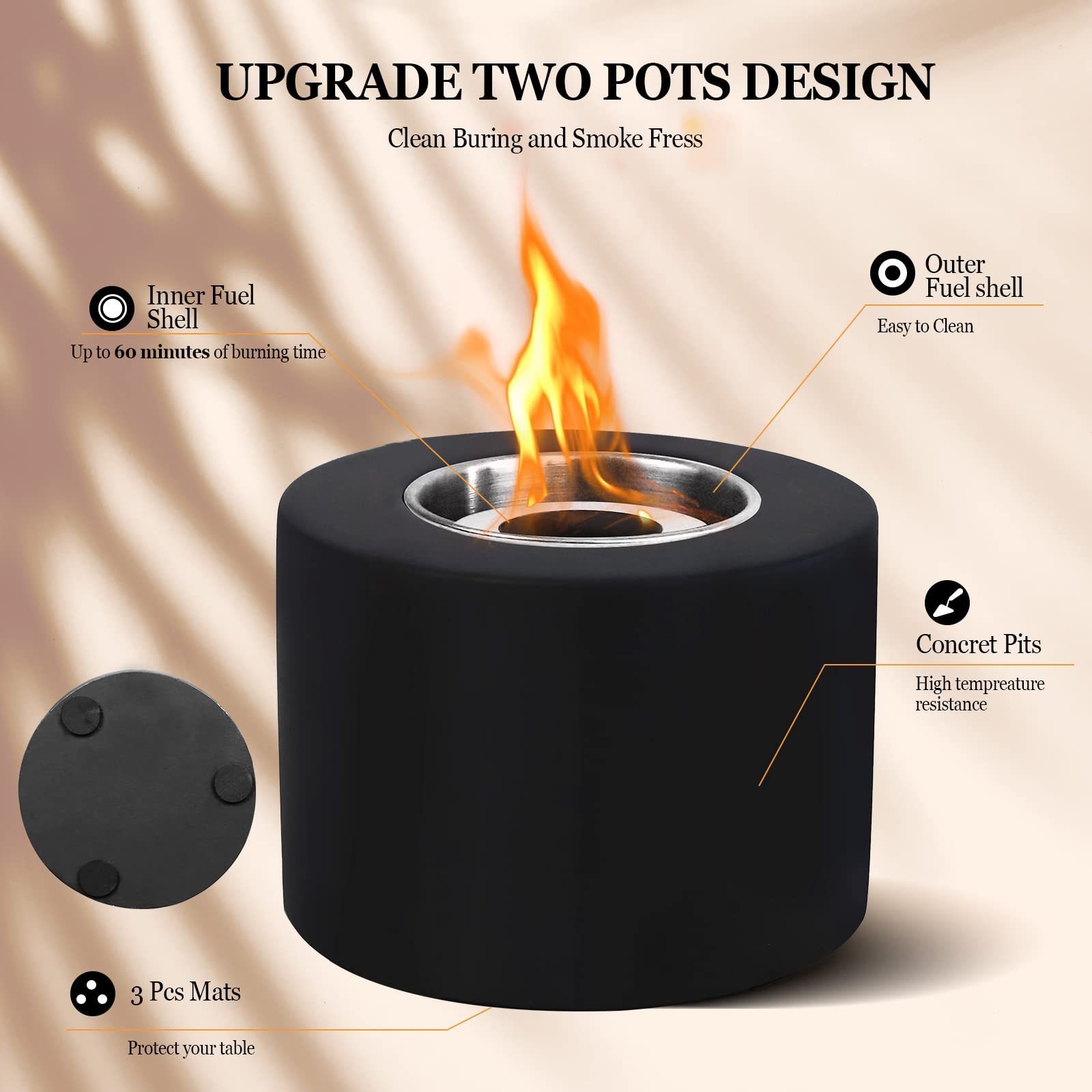 Portable Mini Tabletop Fire Pit, Concrete Table Top Fire Pit Bowl, Personal Fireplace Rubbing Alcohol for Indoor Outdoor Patio