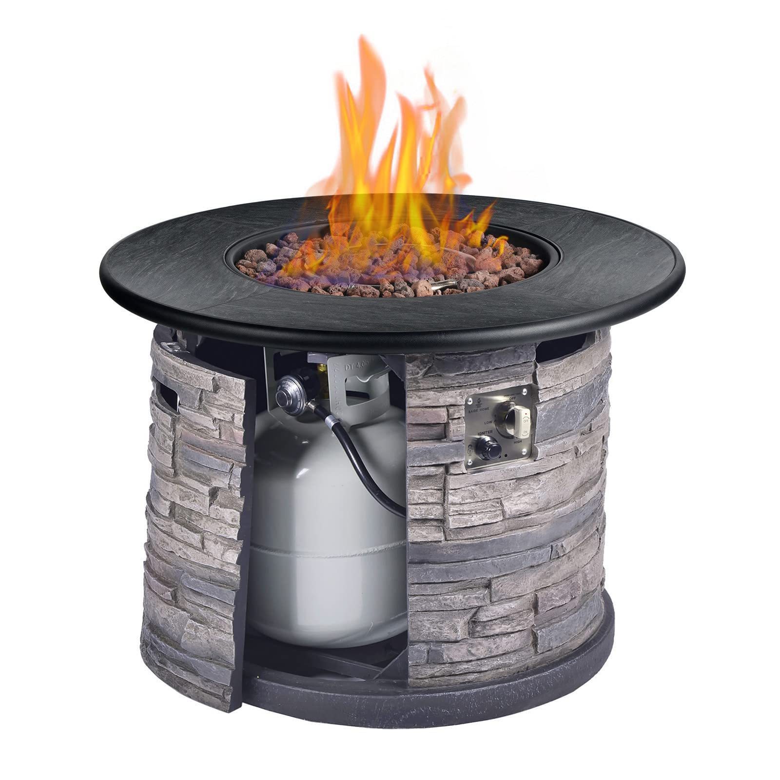 32 Inch 50,000 BTU Round Outdoor Propane Gas Fire Pit Table, Concrete Faux Stacked Stone Base Metal Lid, Lava Rocks