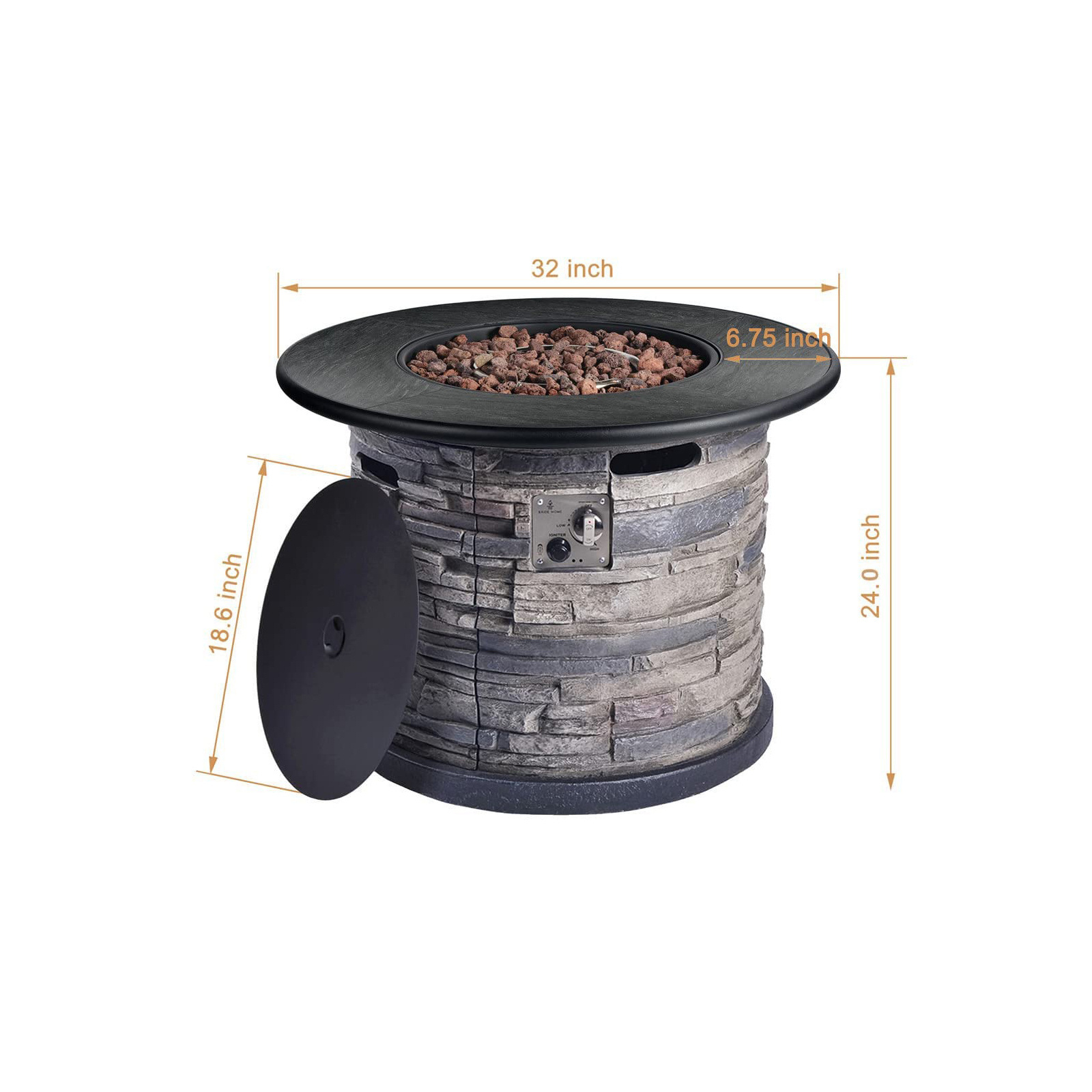 32 Inch 50,000 BTU Round Outdoor Propane Gas Fire Pit Table, Concrete Faux Stacked Stone Base Metal Lid, Lava Rocks