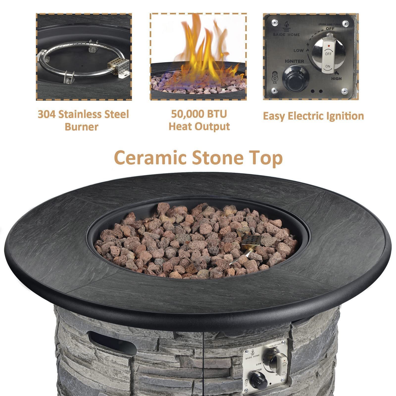 32 Inch 50,000 BTU Round Outdoor Propane Gas Fire Pit Table, Concrete Faux Stacked Stone Base Metal Lid, Lava Rocks