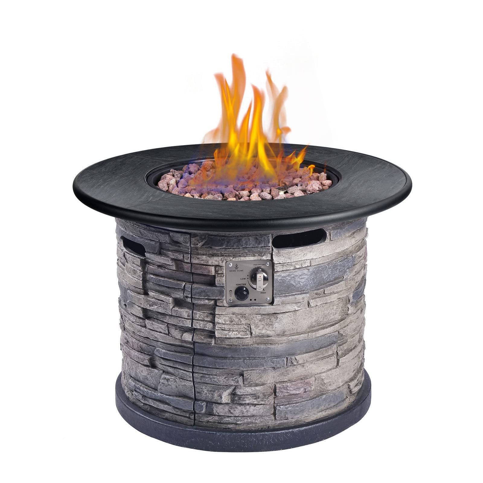 32 Inch 50,000 BTU Round Outdoor Propane Gas Fire Pit Table, Concrete Faux Stacked Stone Base Metal Lid, Lava Rocks