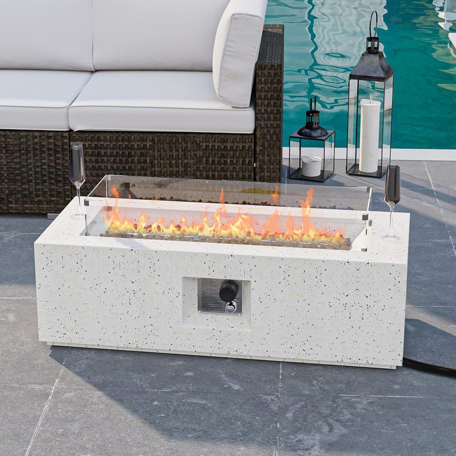 Outdoor Propane Fire Pit 50,000 BTU 40'' Rectangle Concrete Gas Fire Table Outside Smokeless Firepit Furniture with Wind Guard,