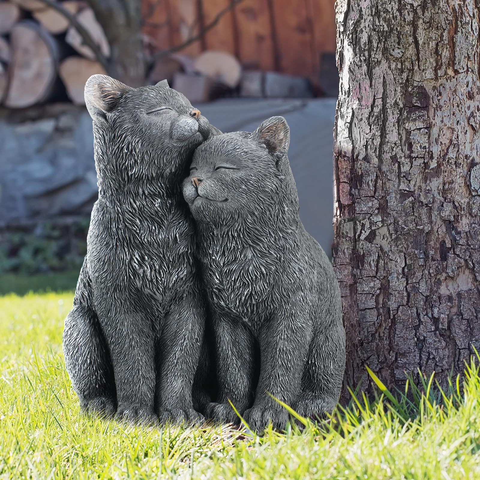 Black Cat Statue for Garden Couple Kitten Figurines Decor Resin Cat Sculpture Decorative Garden Statues for Outside Patio Yard