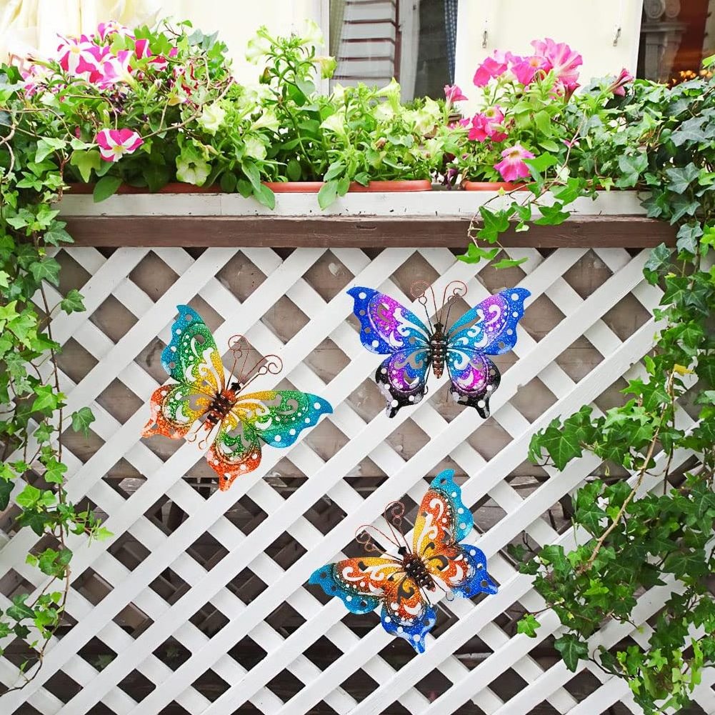 3-piece metal butterfly wall art outdoor decoration, butterfly spring wall sculpture hanging metal wall decoration, suitable for