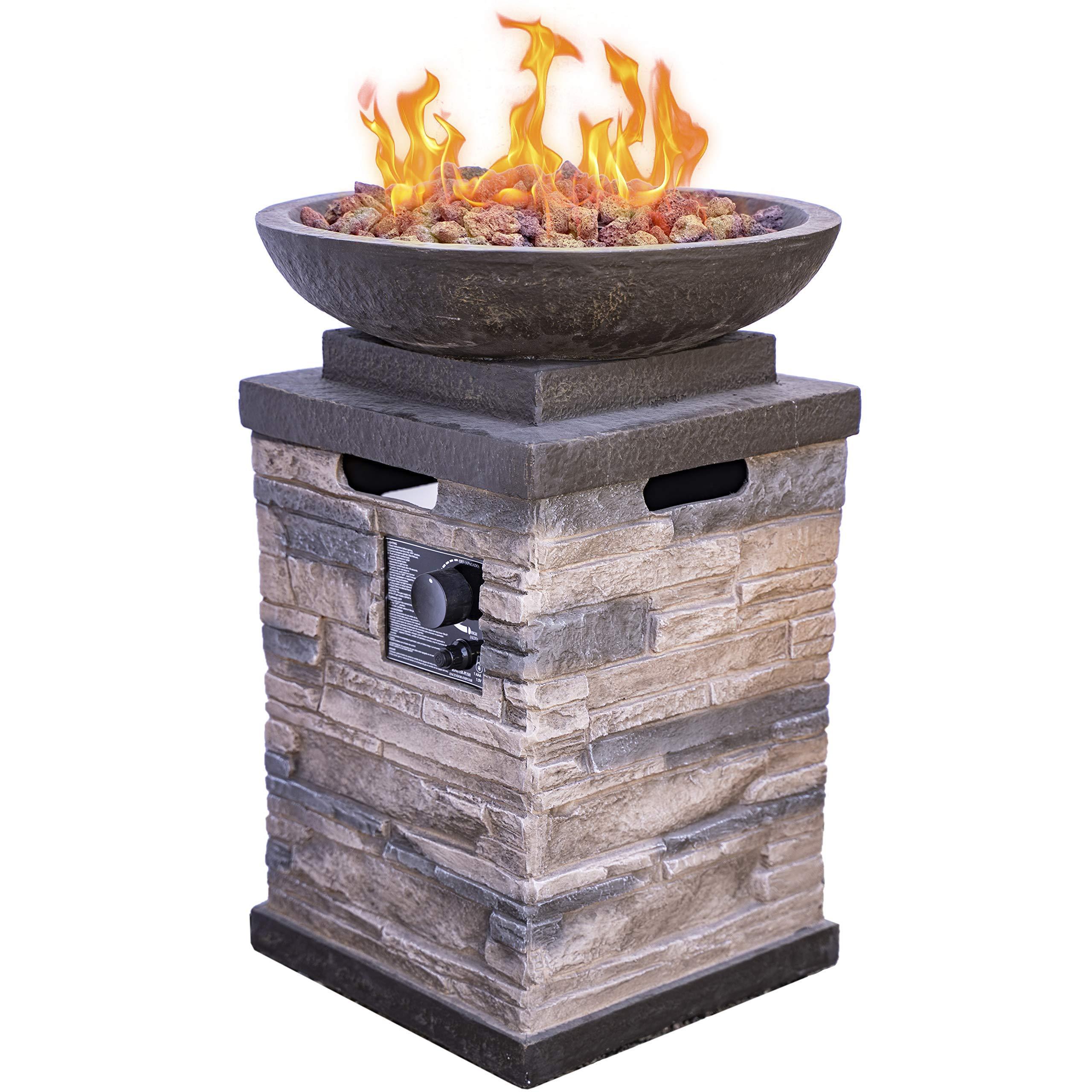 Propane Firebowl Column Realistic Look Firepit Heater Lava Rock 40,000 BTU Outdoor Gas Fire Pit 20 lb, Pack of 1, Natural Stone