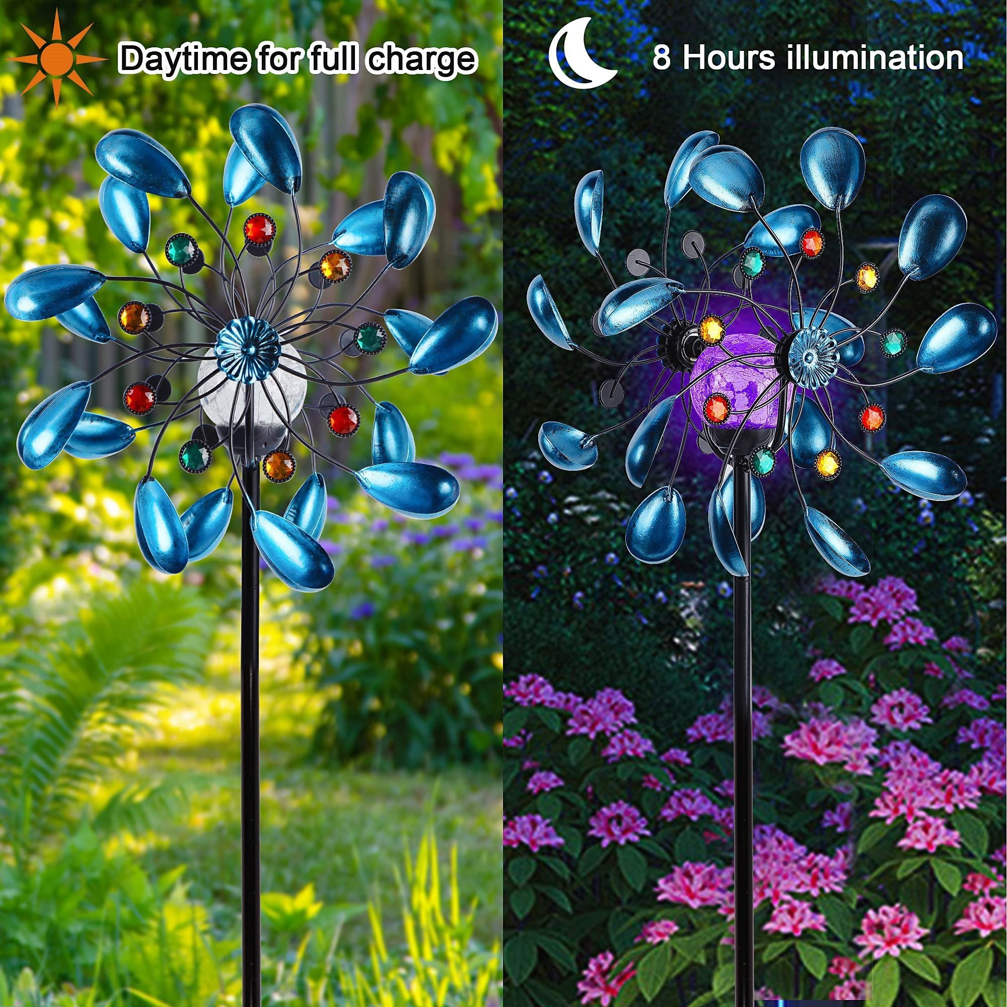 Solar Wind Spinner, Outdoor Metal Stake Yard Spinners, Jewel Cup Garden Kinetic Wind Catcher,