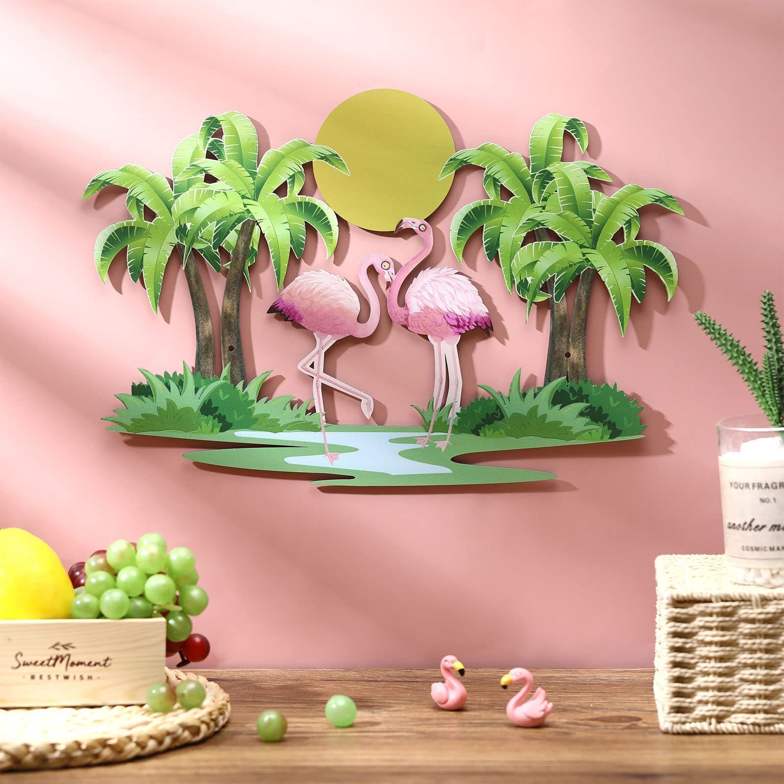 Flamingo Metal Wall Art Tropical Outdoor Decor, Palm Tree Flamingo Metal Wall Art Decor Pink Flamingo Tropical Metal Tree Wall