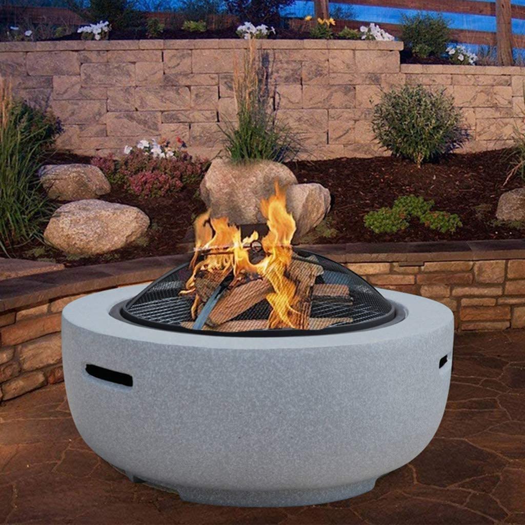 Outdoor MgO Concrete Fire Pit Round Charcoal and Wood Burning Fire Pits BBQ Grill for Outdoor Patio Garden