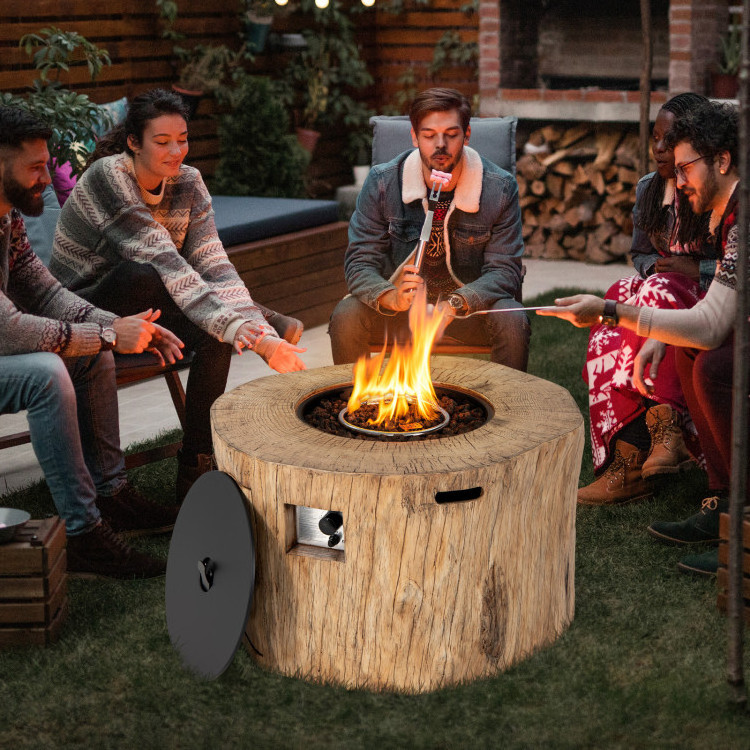 40 Inch 50,000 BTU Round Propane Gas Fire Pit Table Wood-Like Surface with Laval Rock PVC Cover for Outdoor Heating