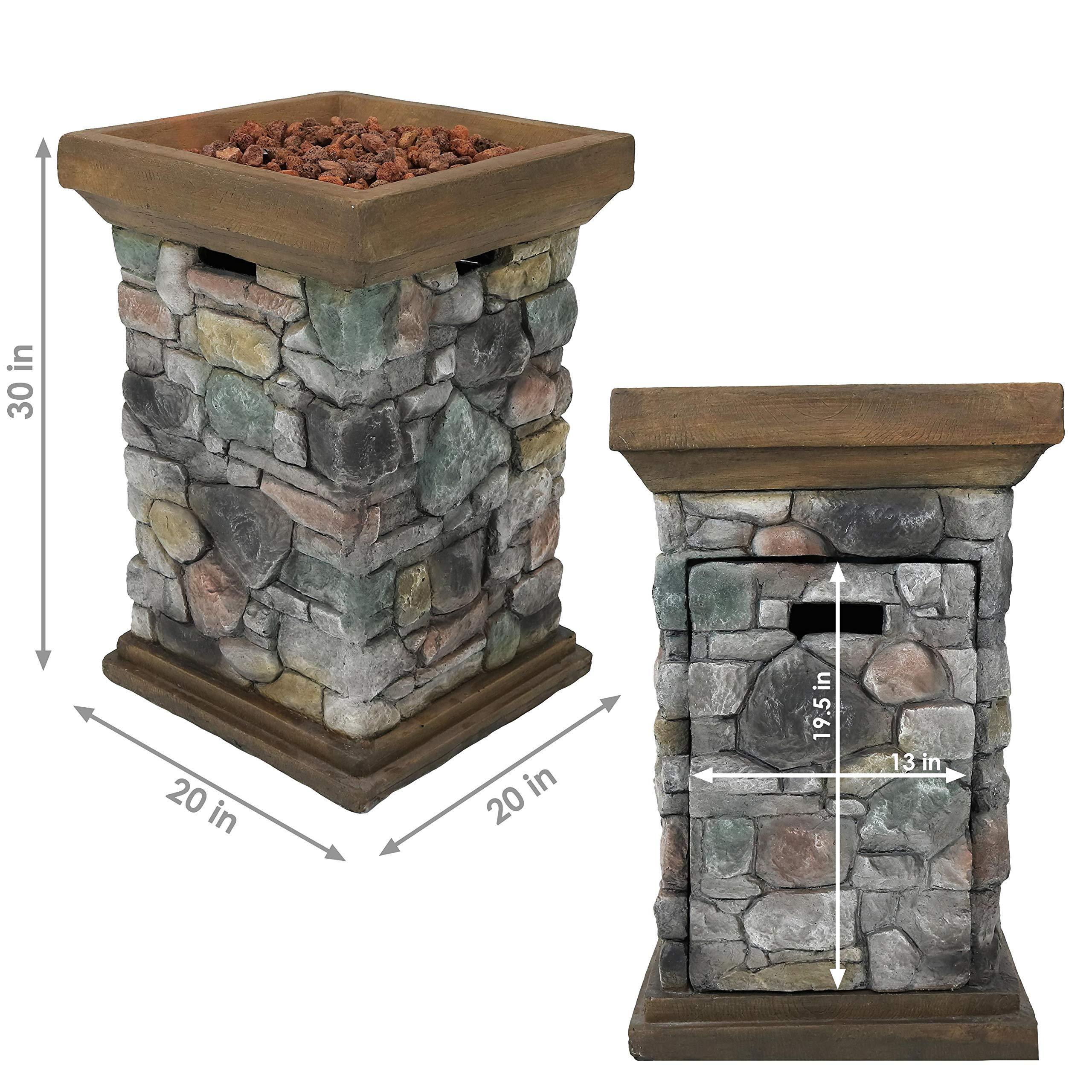 Propane Fire Pit Column Outdoor Gas Firepit for Outside Patio & Deck with Cast Rock Design - Lava Rocks, Waterproof Cover