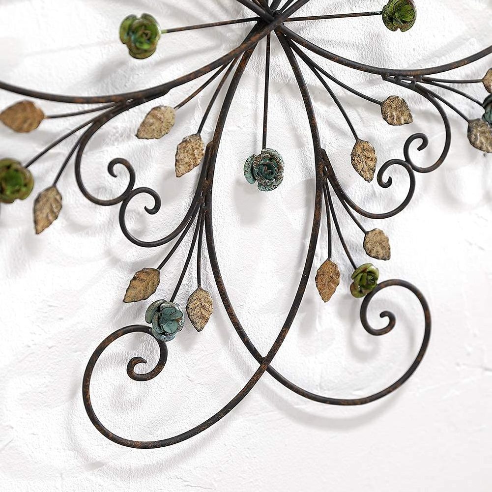 Metal Flower Wall Decor with Rust Leaf Large Floral Metal Wall Art Inspirational Iron Flower Decor Wrought Hanging Wall