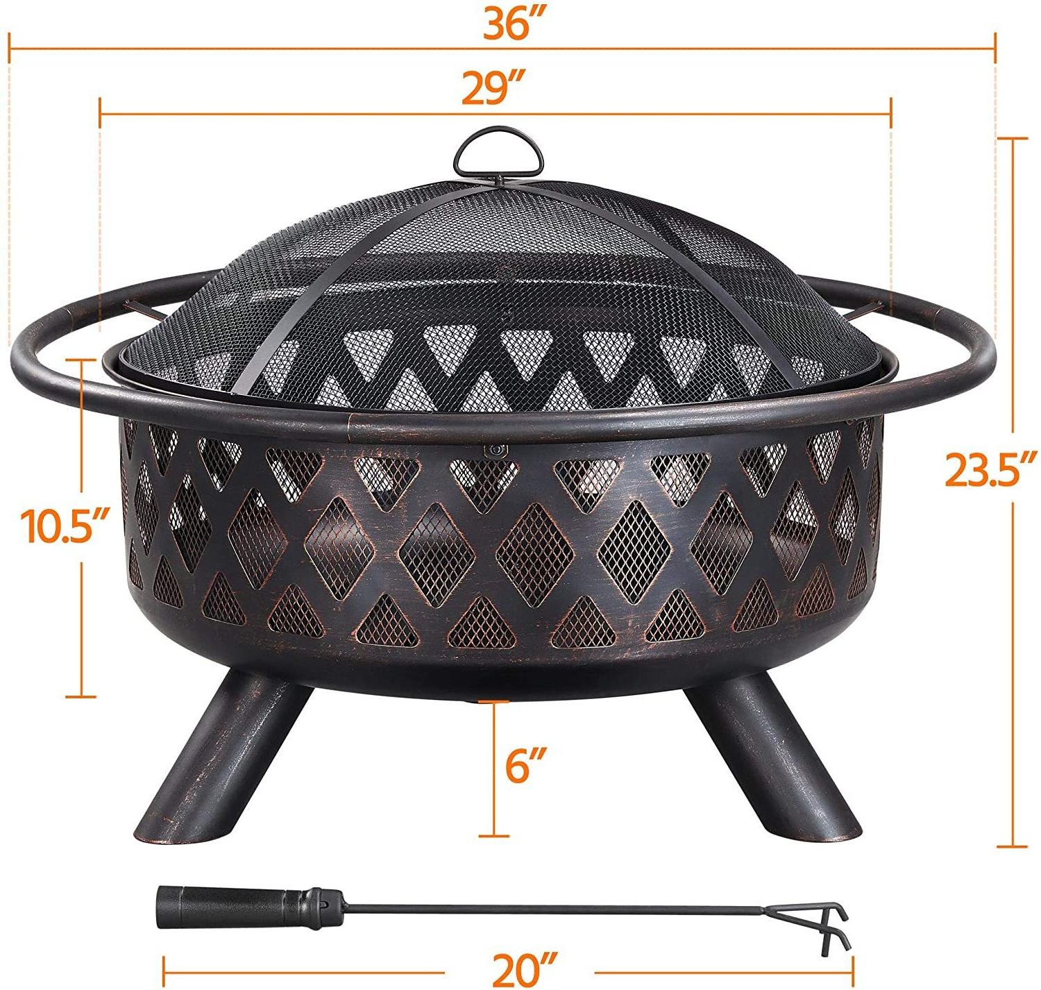 36 inch Fire Pit Wood Burning Fire Pit with Mesh Spark Screen Cover for Bonfire Smoker Charcoal bbq grill outdoor patio party