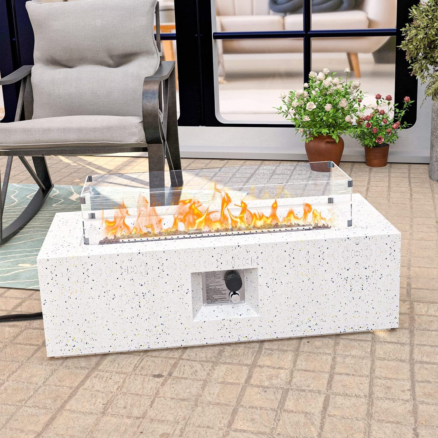 Outdoor Propane Fire Pit 50,000 BTU 40'' Rectangle Concrete Gas Fire Table Outside Smokeless Firepit Furniture with Wind Guard,