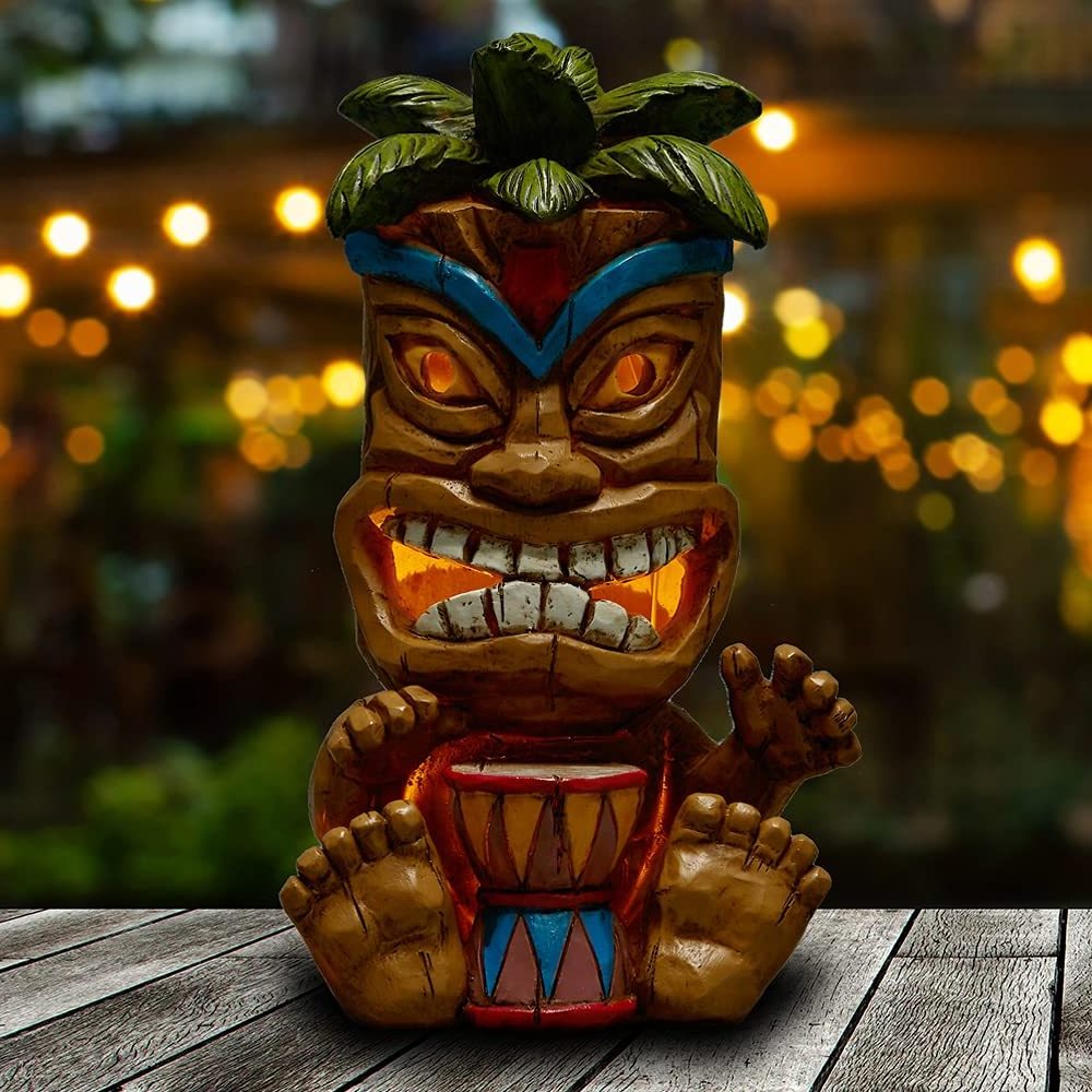 Outdoor Tiki Statue Decoration-Solar Power Light Tiki Garden Statues-Tiki Bar Decor Totem Pole Waterproof Figurines for Garden