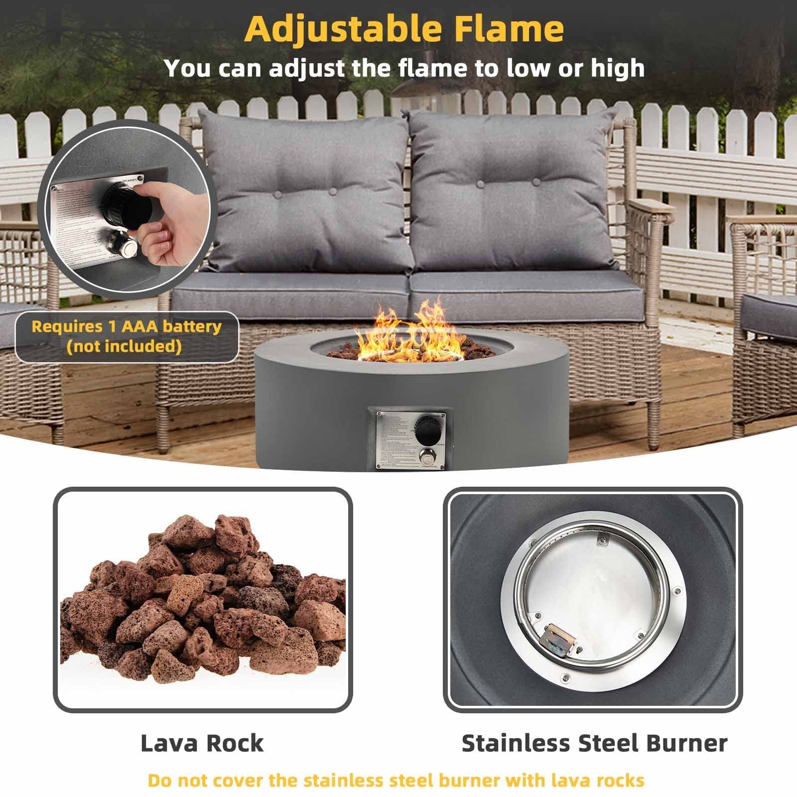 Round Gas Fire Pit Adjustable Flame, Lava Rocks, Outdoor Propane Fire Pit Table for Patio Garden Backyard