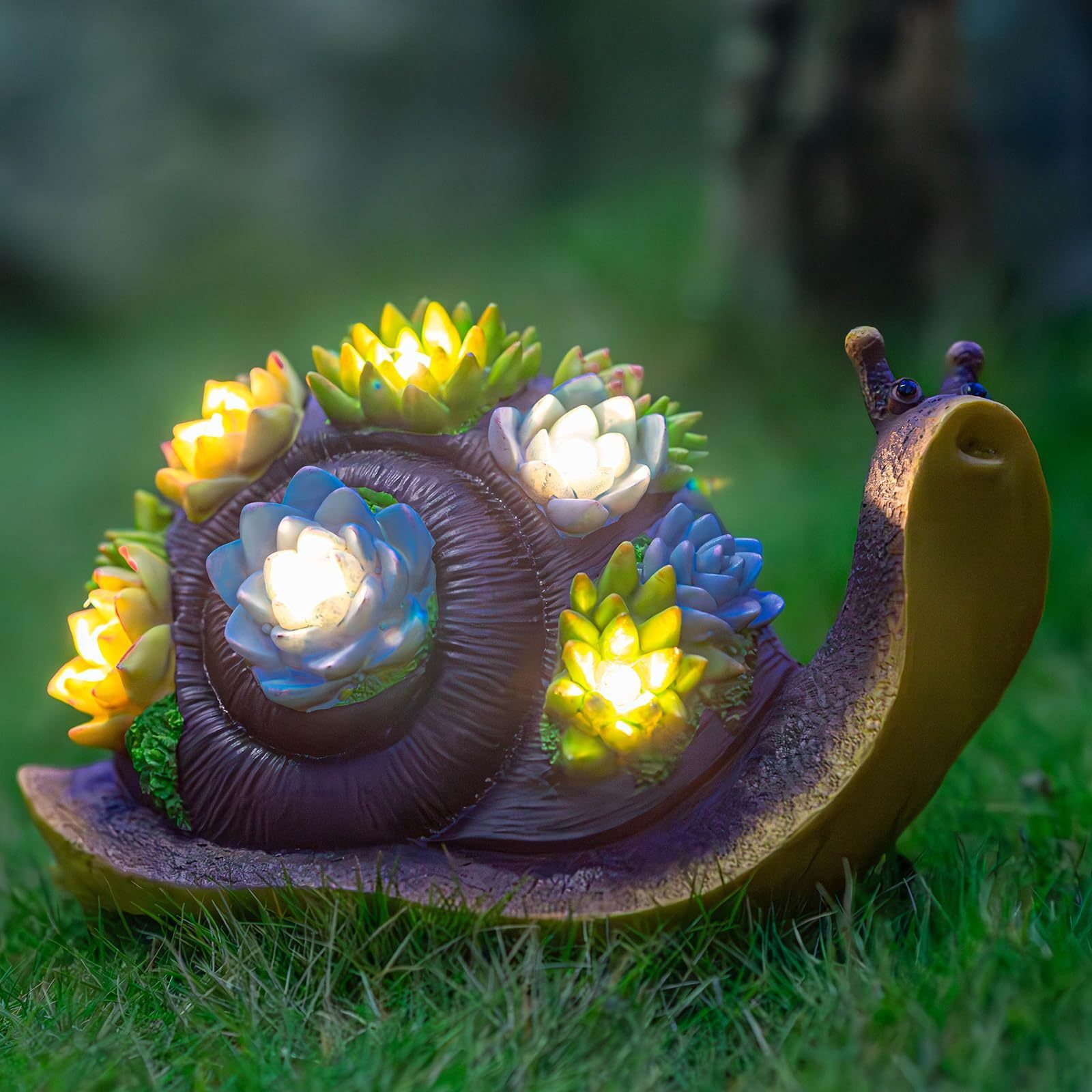 Solar Snail Statue Figurine with Key Hider and 5 LED Lights Succulent Outdoor Ornament for Outside Decor Garden